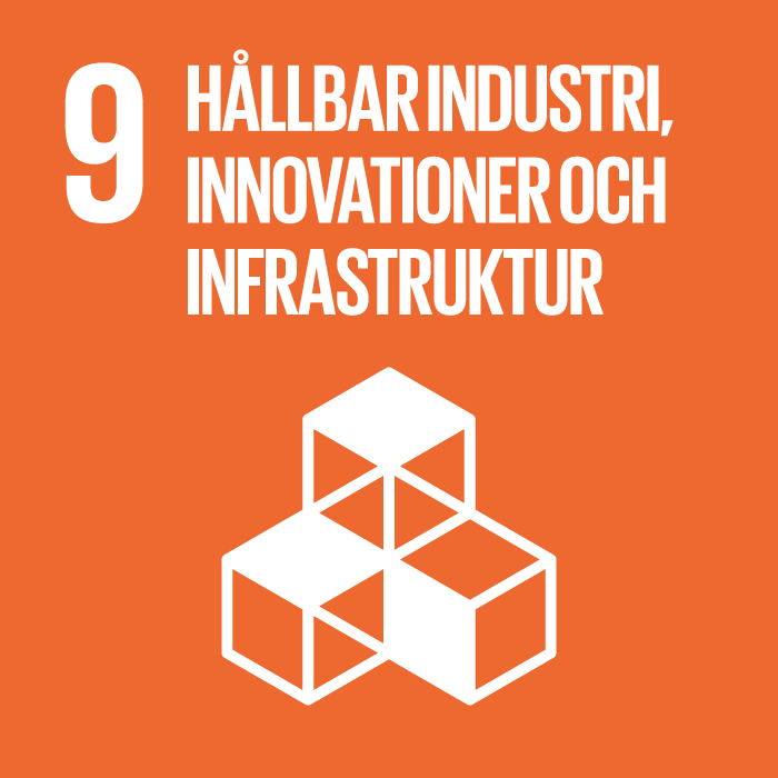Logga för Förenta nationernas nionde hållbarhetsmål - hållbar industri, innovationer och infrastruktur