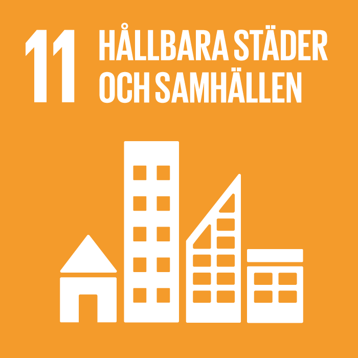 Logga för Förenta nationernas elfte hållbarhetsmål - Hållbara städer och samhällen